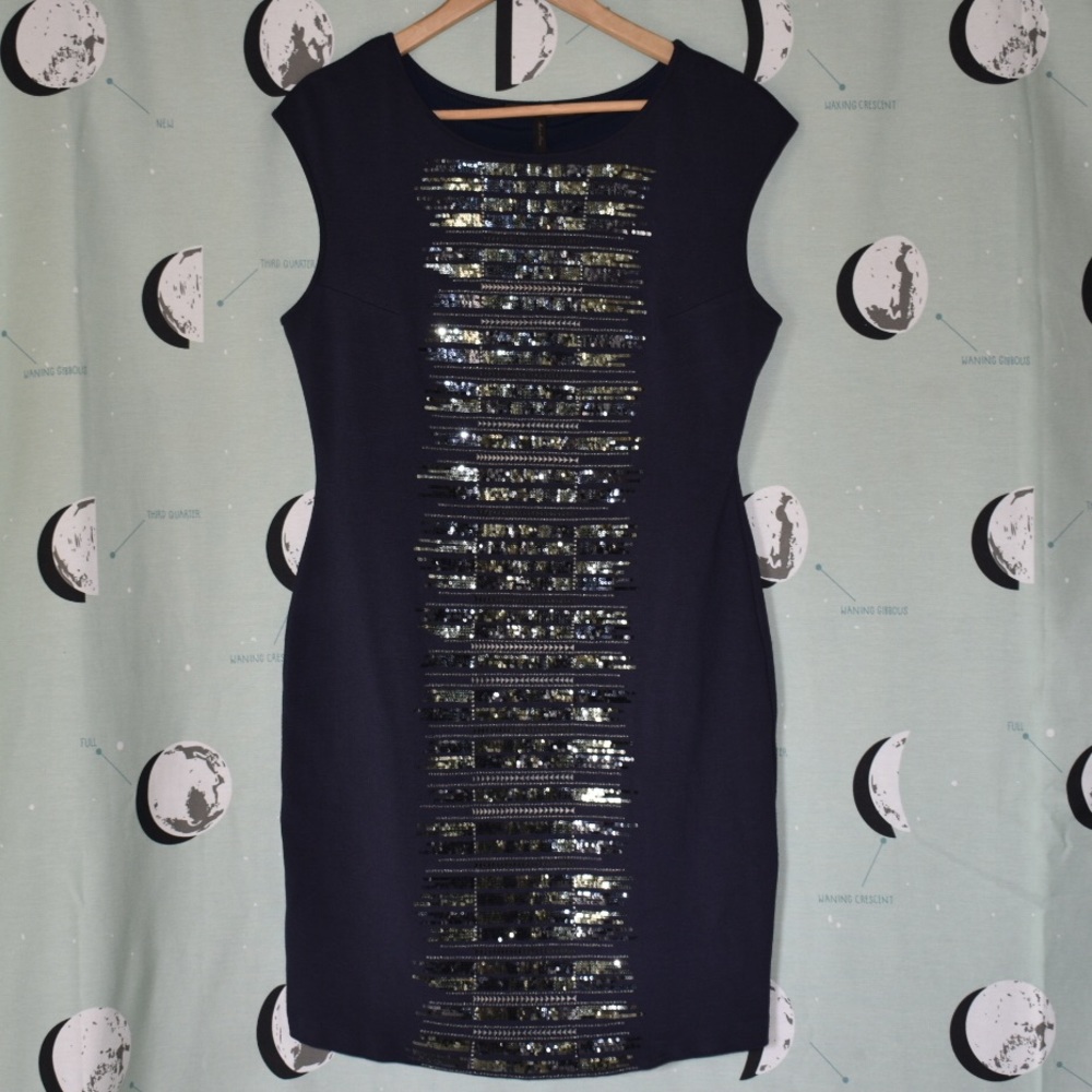 BCBG Embroidered Sequin Bodycon Holiday Dress Navy